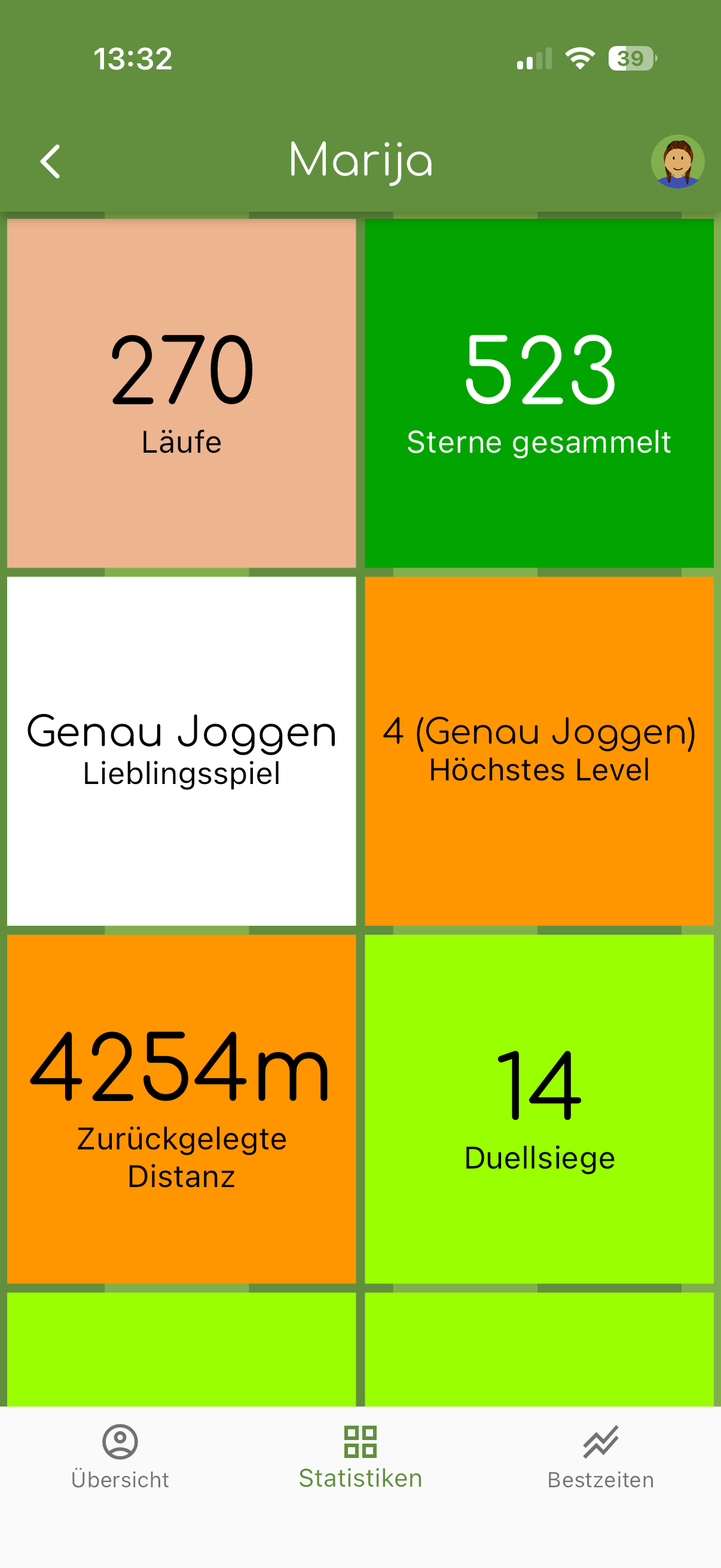 Connect-Statistik: Läufe, Sterne, Lieblingsspiel, Level, Distanz und Duellsiege
