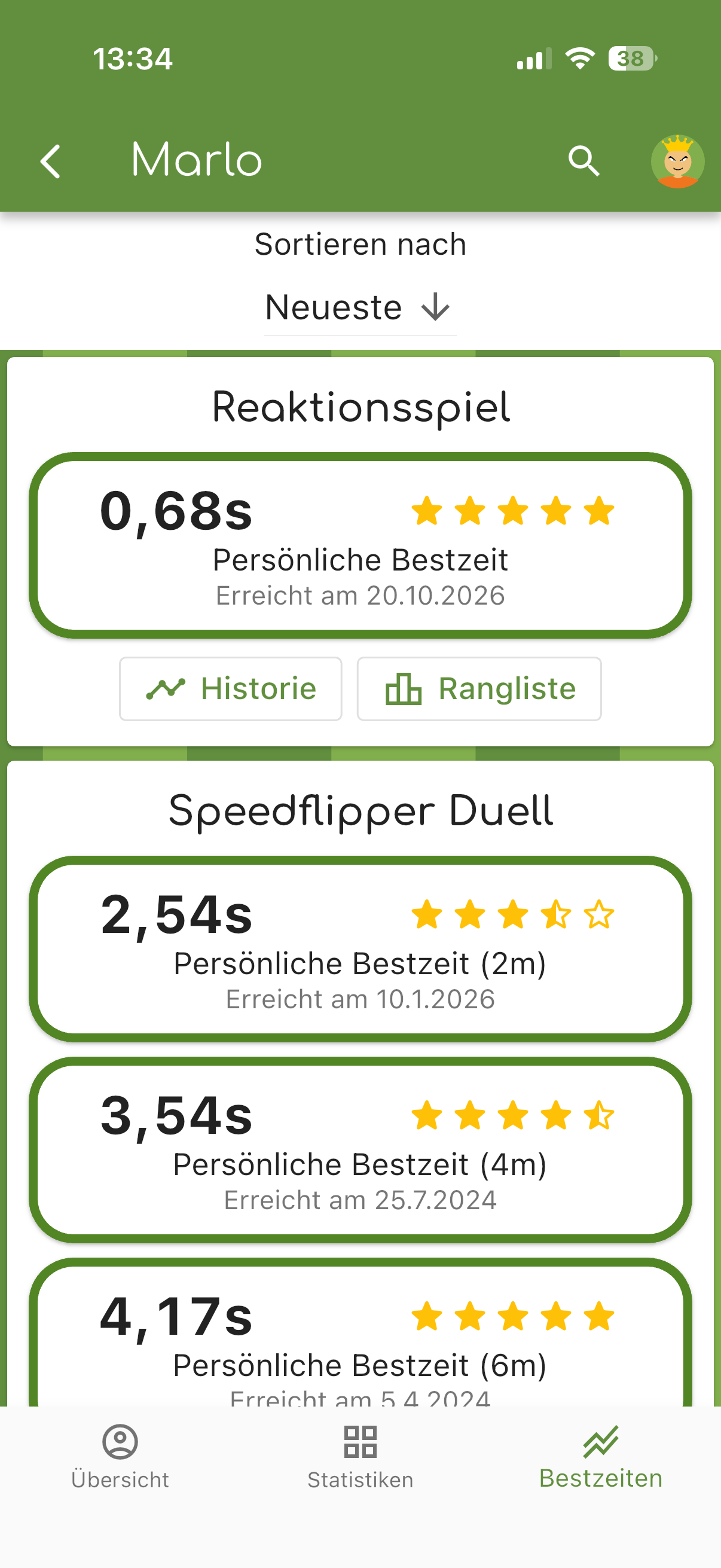 Persönliche Bestzeiten je Spiel und Distanz mit Datum und Sternen